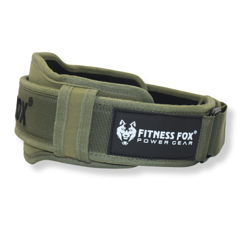 FITNESS FOX 5” Wide NEOPRENE Nylon Weightlifting Belt (Olive Green)-Double Back Support