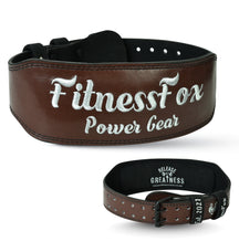 Fitness Fox 4-inch maroon leather weightlifting belt with double-roller buckle, contoured support