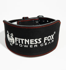 6-inch black suede leather lifting belt laid flat, sizes XS–4XL available