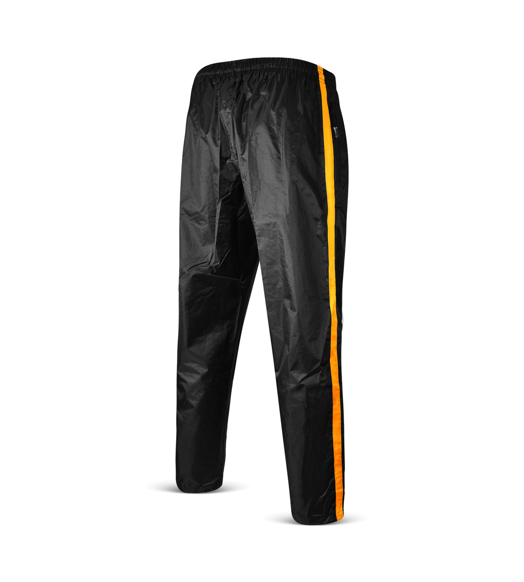 “Fitness Fox black and yellow sauna pants shown front-on, double-layer shell with rubberized lining for heat retention during training.”
