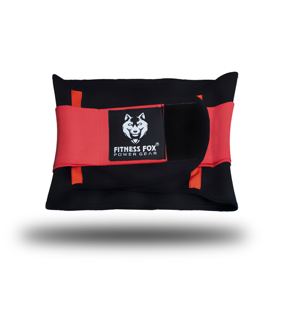 “Fitness Fox red and black waist trainer belt displayed front-on, adjustable hook-and-loop closure visible for fast, secure tightening during lifting sessions.”