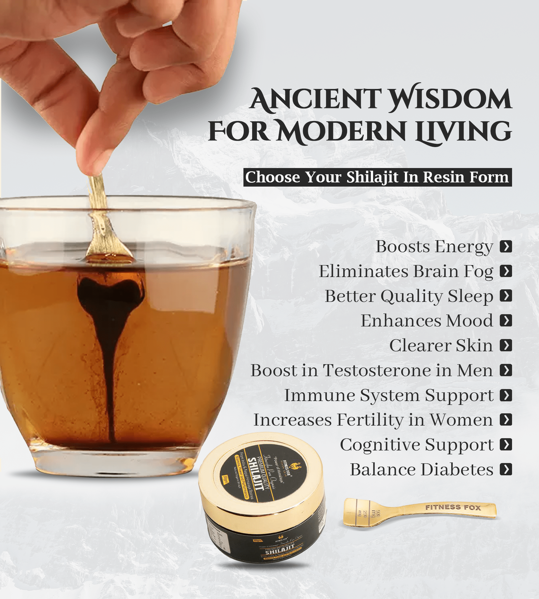 Fitness Fox shilajit resin dissolving in warm tea, gentle swirl visible in ceramic cup, preparation step-by-step, New Zealand