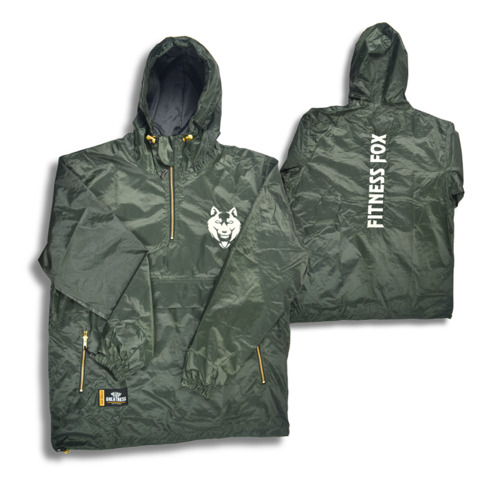 “Flat-lay of Fitness Fox sauna jacket in forest green with hood, zipper puller, and reinforced stitching around seams.”