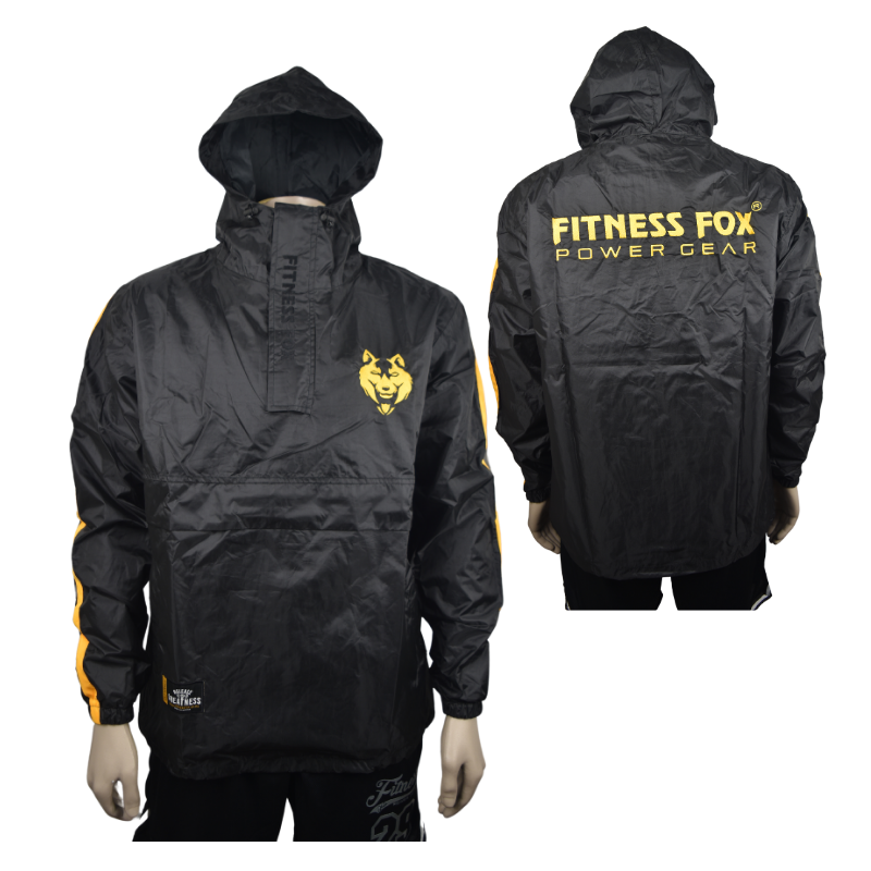 Flat-lay of the hooded sauna jacket beside a moisture-wicking base layer and towel, illustrating recommended setup for short, comfortable, heat-stimulus workouts. 