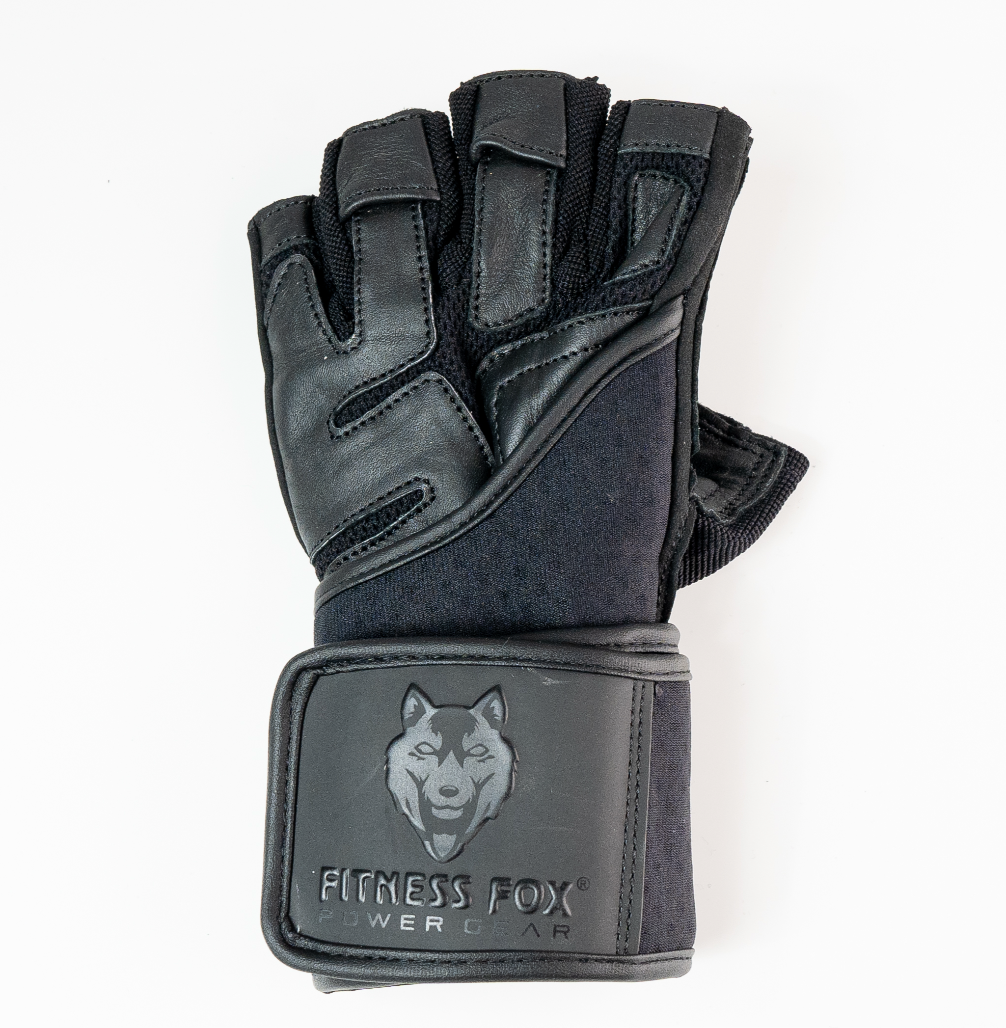 “Front view of Fitness Fox Black Edition leather workout gloves showing padded anti-slip leather palm designed for secure barbell and dumbbell grip.”