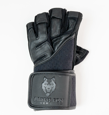 “Front view of Fitness Fox Black Edition leather workout gloves showing padded anti-slip leather palm designed for secure barbell and dumbbell grip.”
