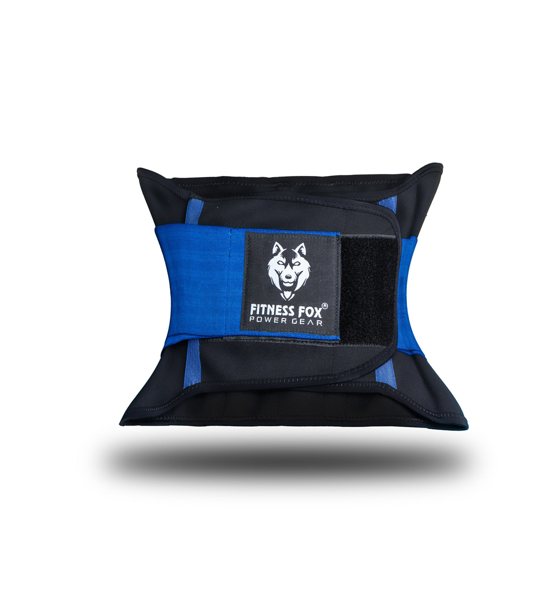 “Front view of Fitness Fox Blue and Black waist trainer sweat belt with adjustable hook-and-loop closure designed for fast, secure tightening during lifting.”