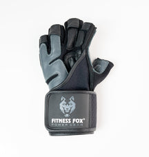“Front view of Fitness Fox heavy-duty leather workout gloves in black and grey showing padded anti-slip leather palm for secure barbell and dumbbell grip.”