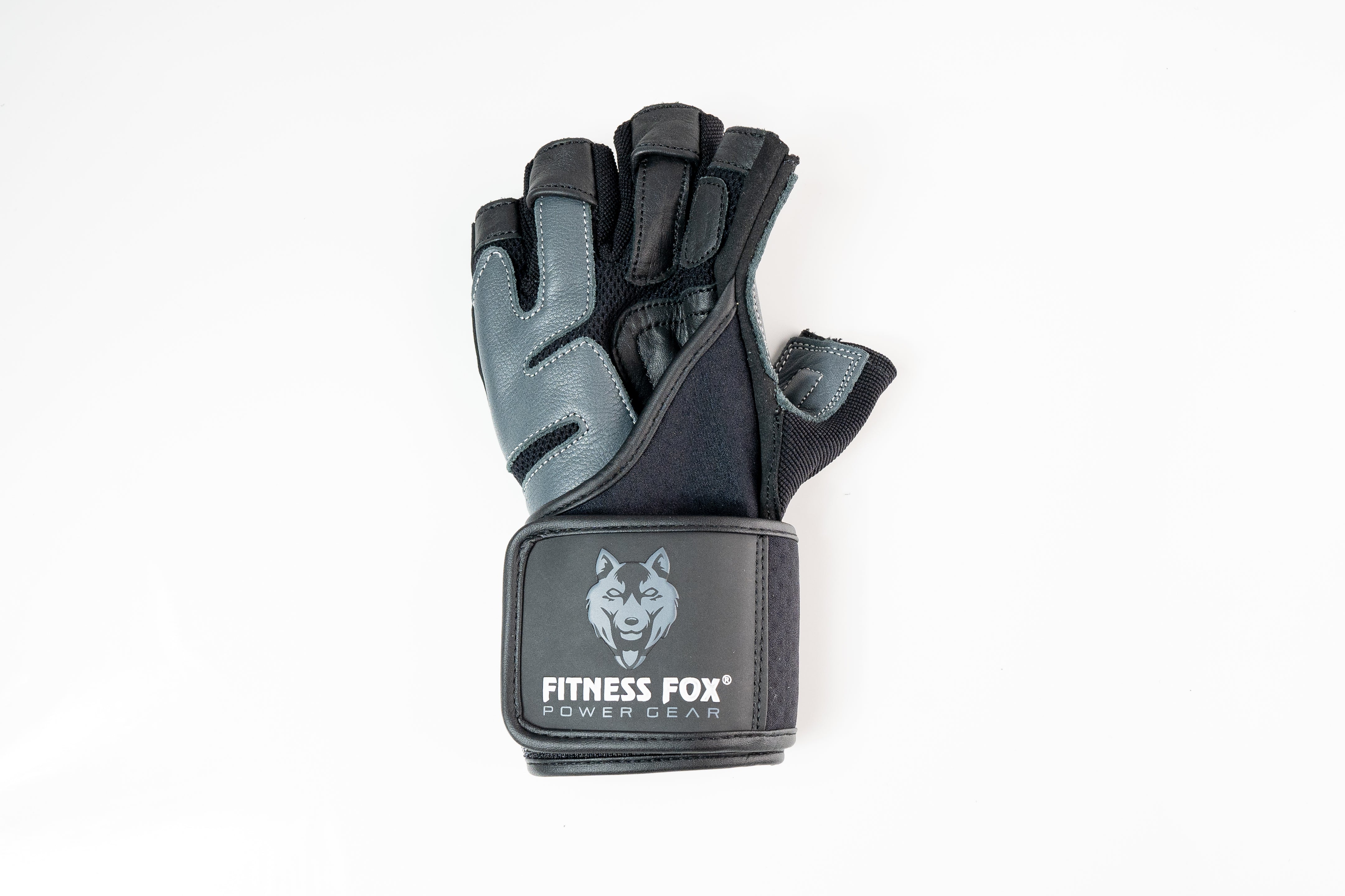 “Front view of Fitness Fox heavy-duty leather workout gloves in black and grey showing padded anti-slip leather palm for secure barbell and dumbbell grip.”