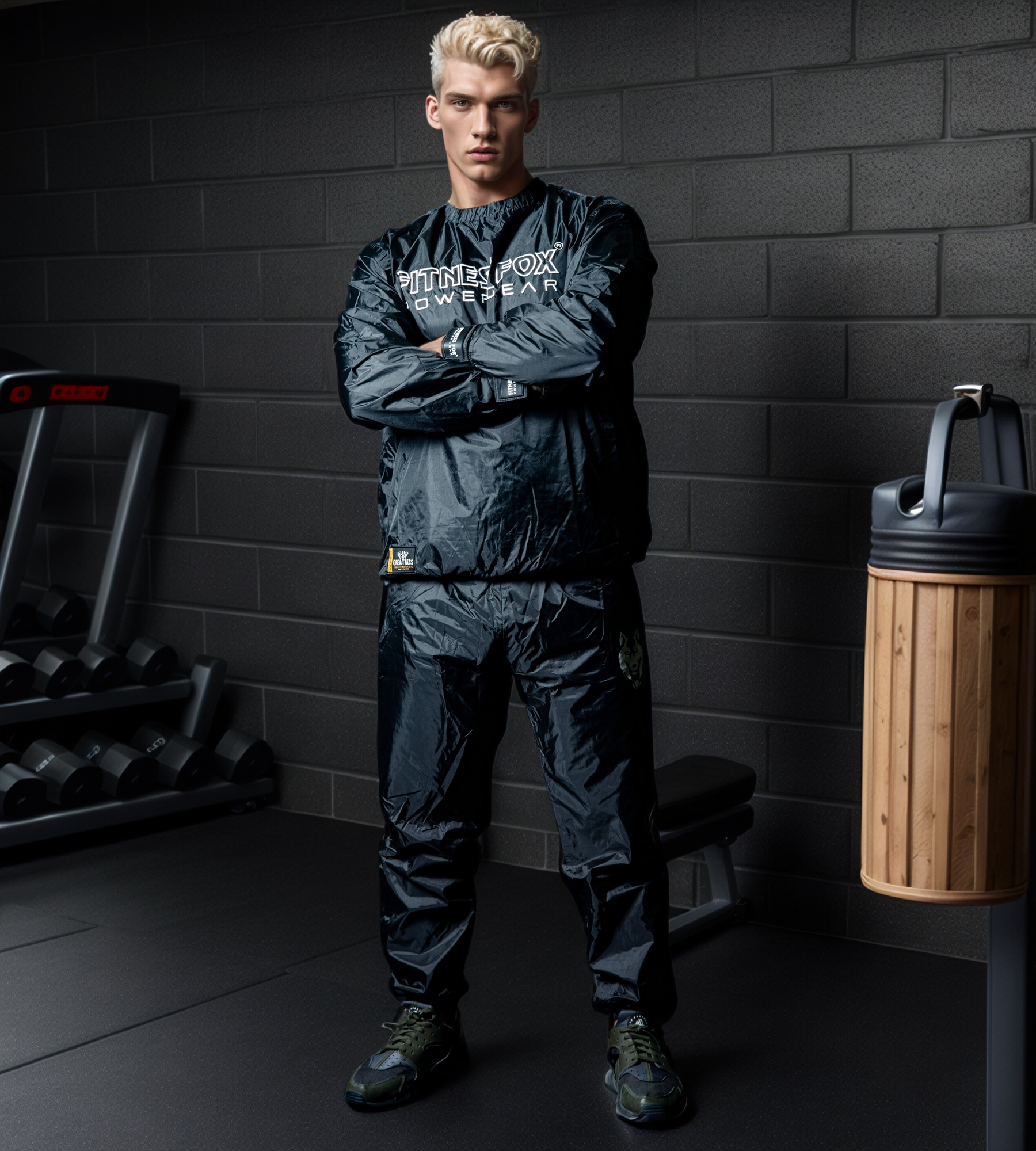 Front view of the black Fitness Fox crew-neck sauna jacket with white embroidery, highlighting rubberised lining and streamlined athletic fit for heat-focused training sessions