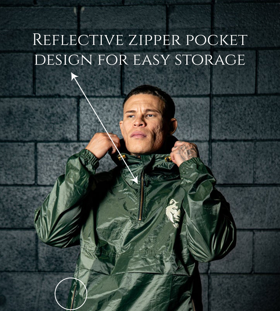 “Half-zip collar open on Fitness Fox sauna jacket to show easy on-off and airflow control during interval sessions.”