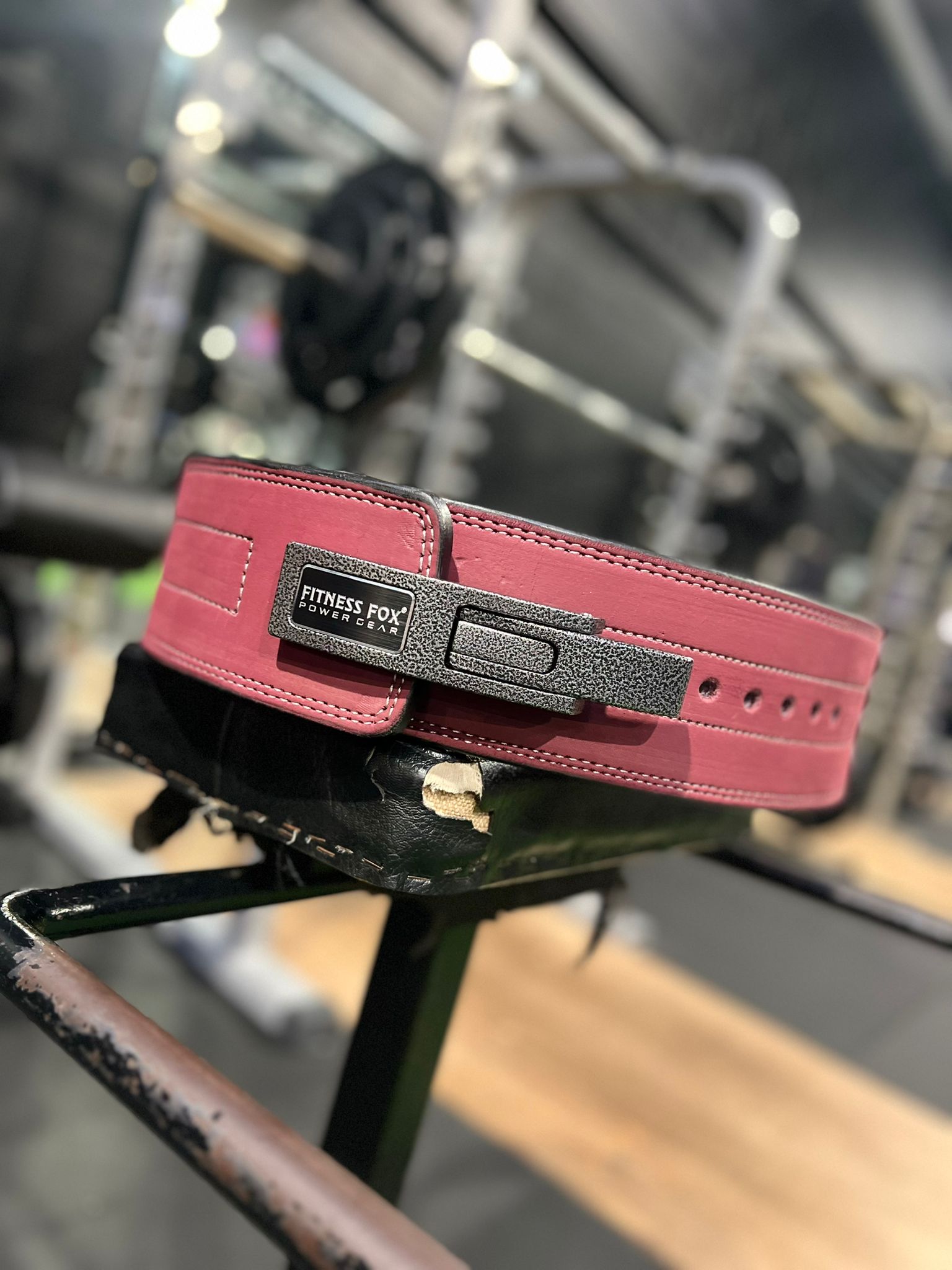 Premium 13mm burgundy suede leather weightlifting belt with lever closure by Fitness Fox