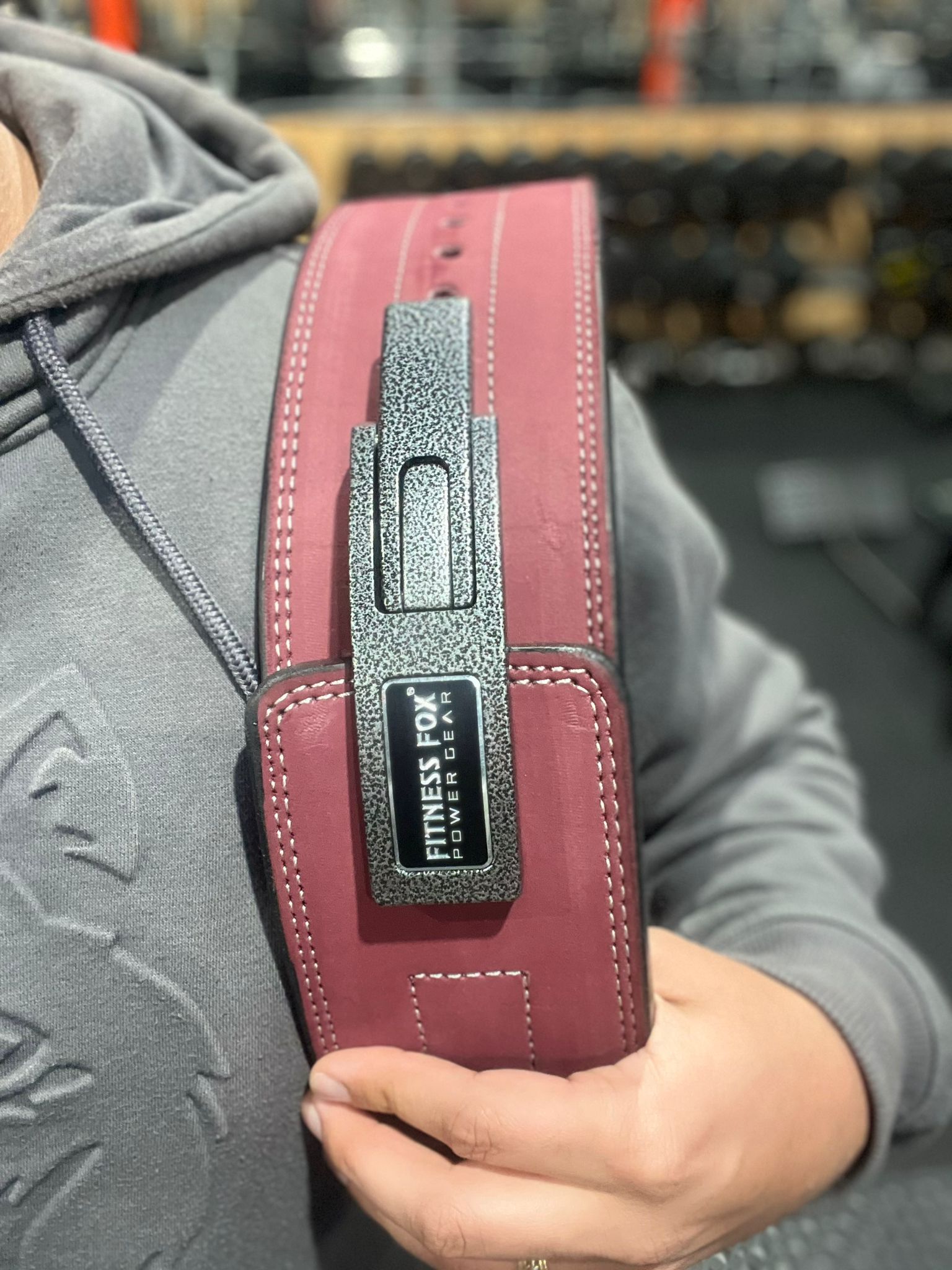 High-quality 13mm suede leather lever belt with burgundy finish for strength training