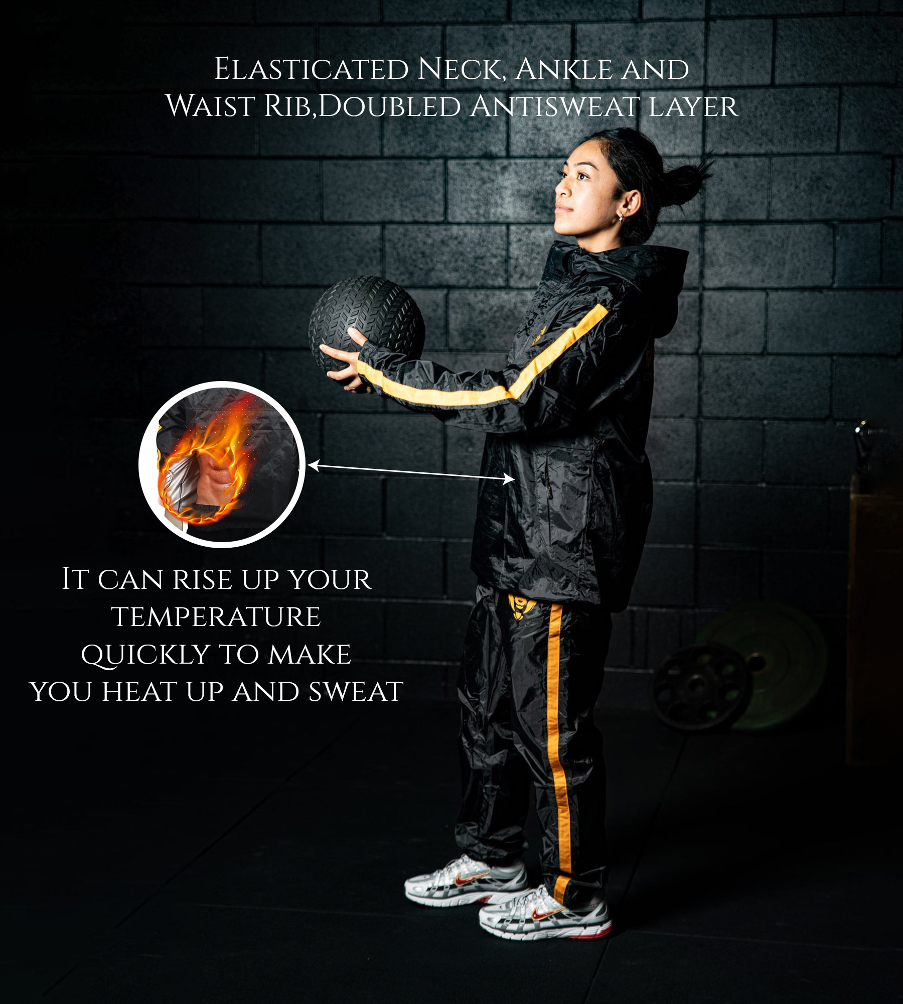 Lifestyle image idea: athlete wearing the half-zip hooded sauna jacket on a cardio machine with a water bottle nearby, modeling hydrated, gradual, safe session duration. 