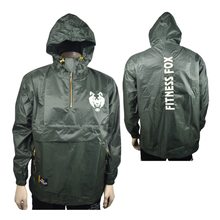 “Model wearing forest green hooded sauna jacket layered over training top, demonstrating roomy fit for dynamic movement.”