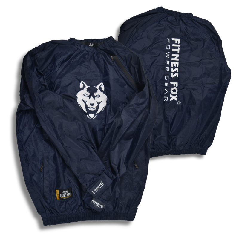 Product hero image of the Navy/White side-zip sauna jacket on a neutral background, clearly communicating colorway, side-zip feature, and minimalist Fitness Fox branding.