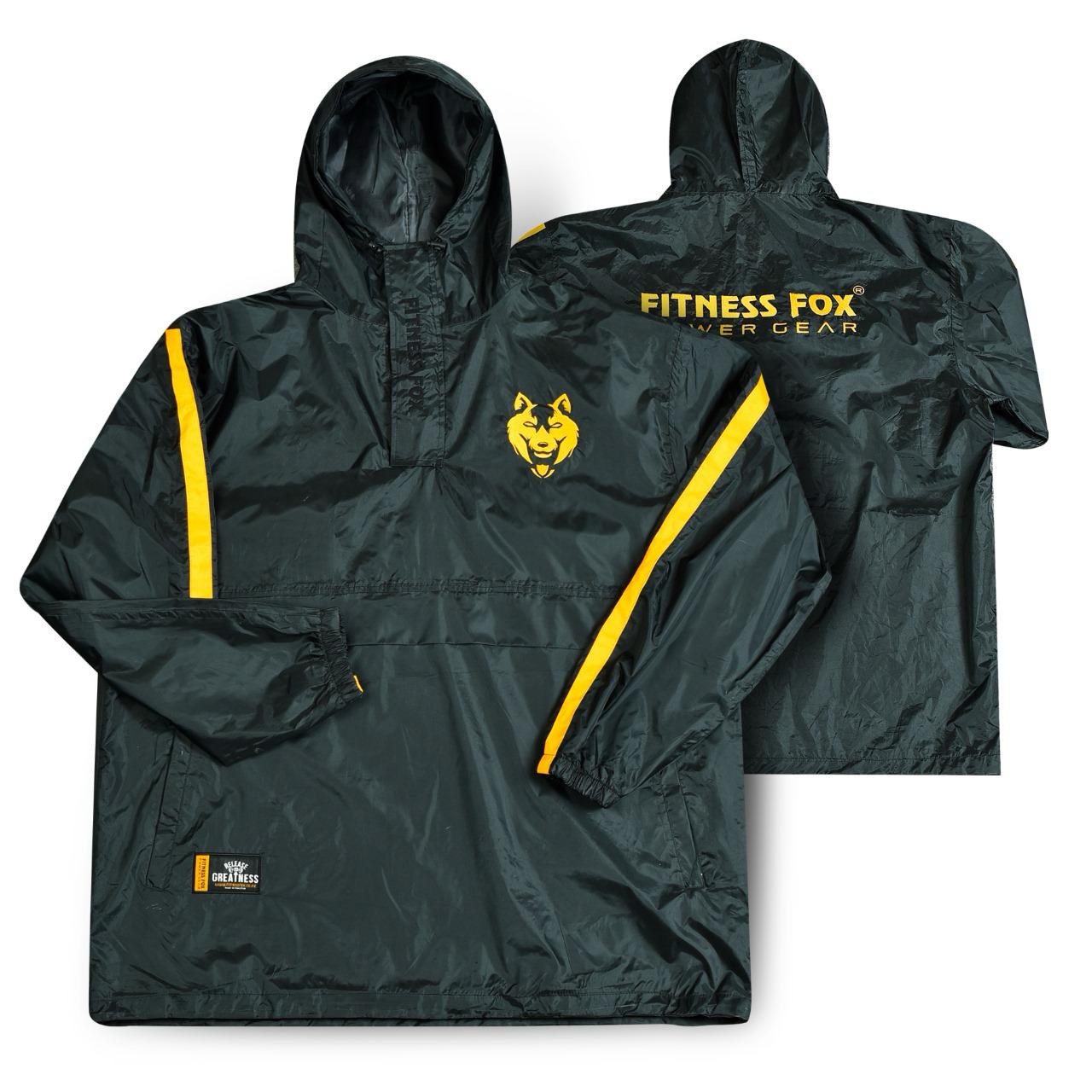 Product hero of the Fitness Fox Half Zipper Sauna Jacket with Hood on a neutral background, clearly showing the half-zip design and minimalist branding. 