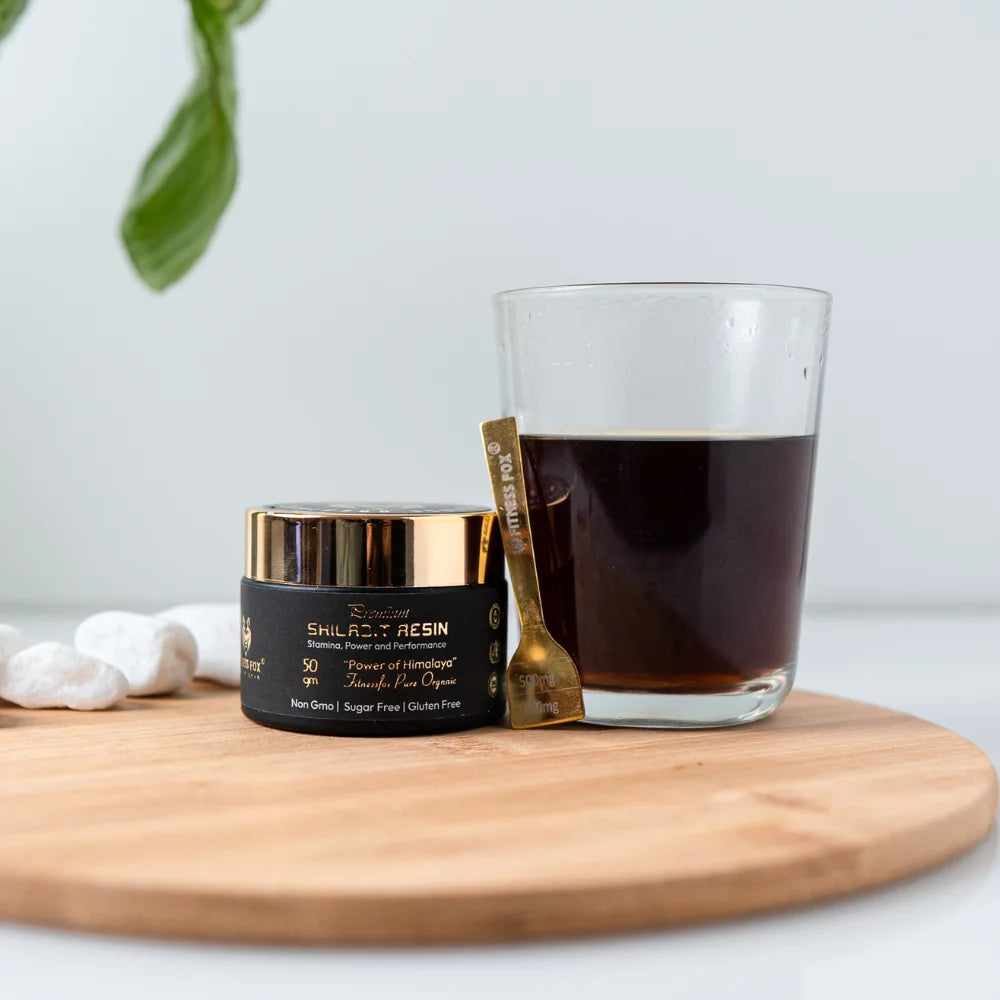 Pure Himalayan shilajit resin by Fitness Fox—20 g jar with measuring scoop, photographed for New Zealand shoppers seeking lab-tested natural supplements