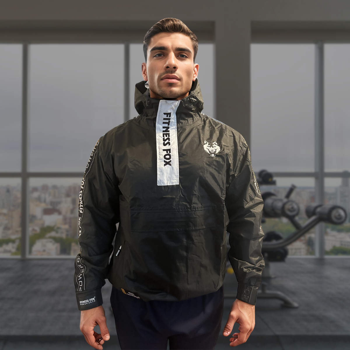 Close-up of the rubberised interior lining and stitching on the hooded sauna jacket, emphasizing sweat retention, durable construction, and hand-wash cold, air-dry care instructions. 