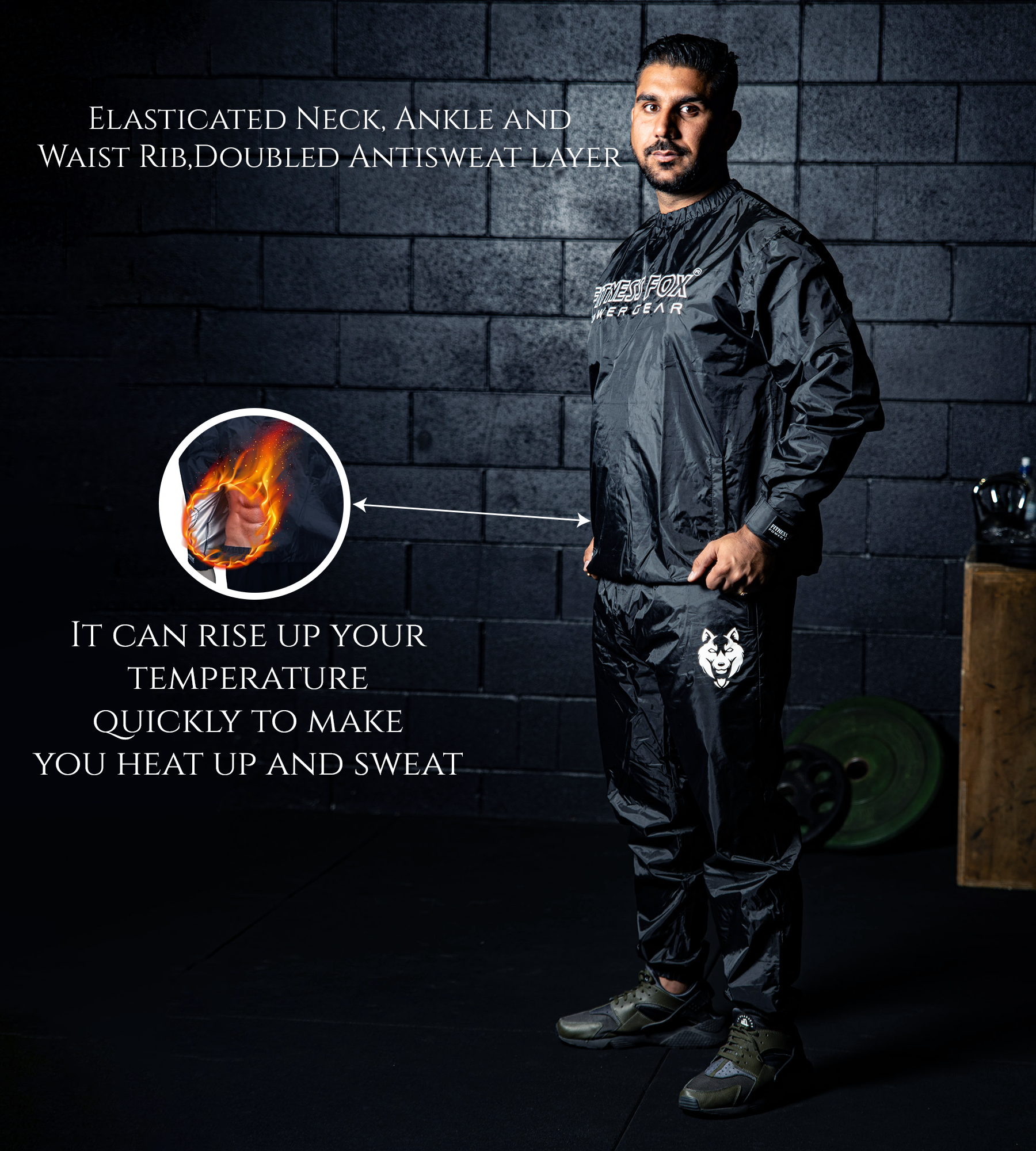 Side profile of the Black/White crew-neck sauna jacket showing durable outer shell and elasticated waist designed to retain heat while preserving comfortable movement. 