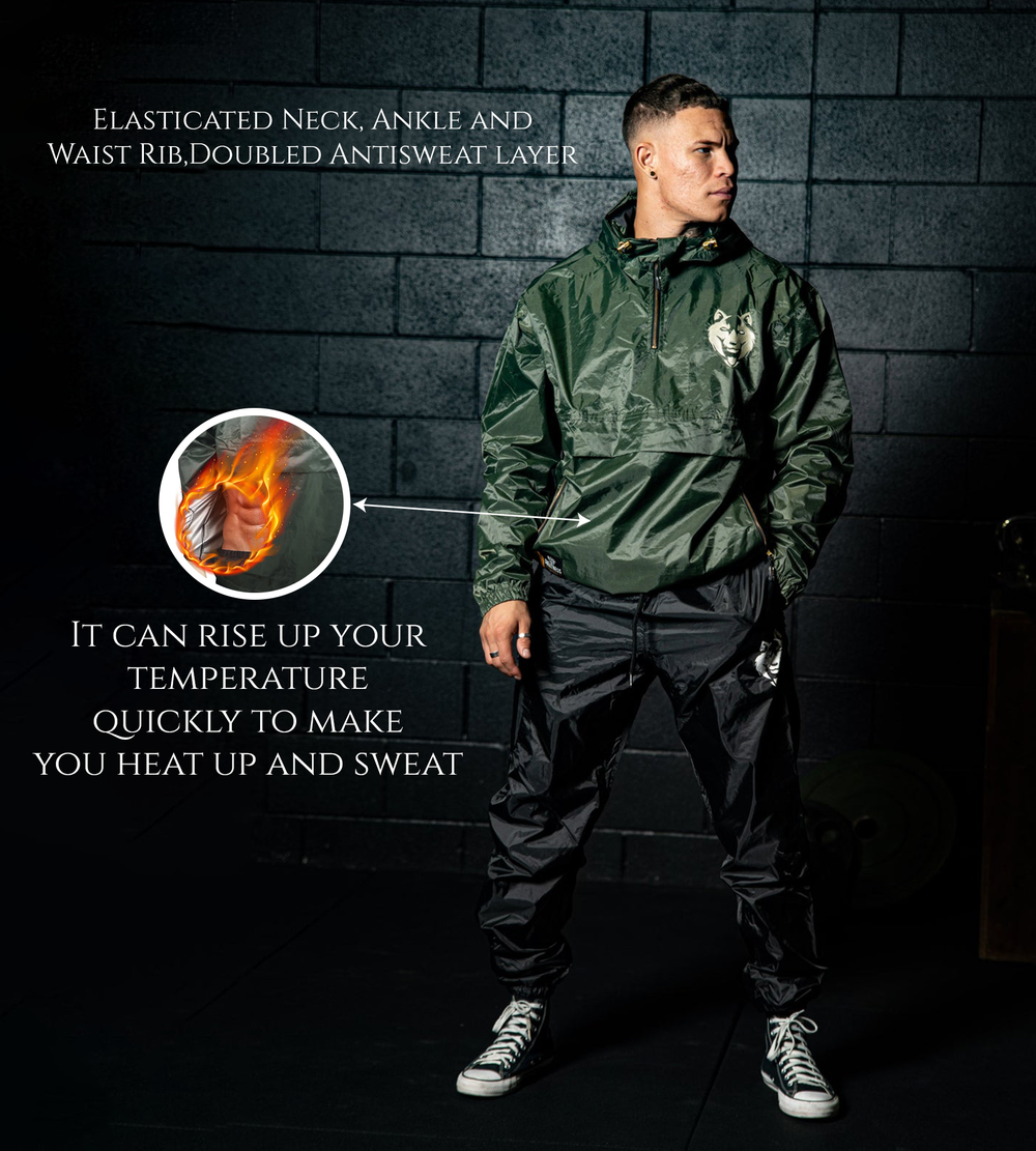 “Side profile of the Fitness Fox forest green sauna jacket demonstrating adjustable wrist straps and water-resistant outer fabric.”