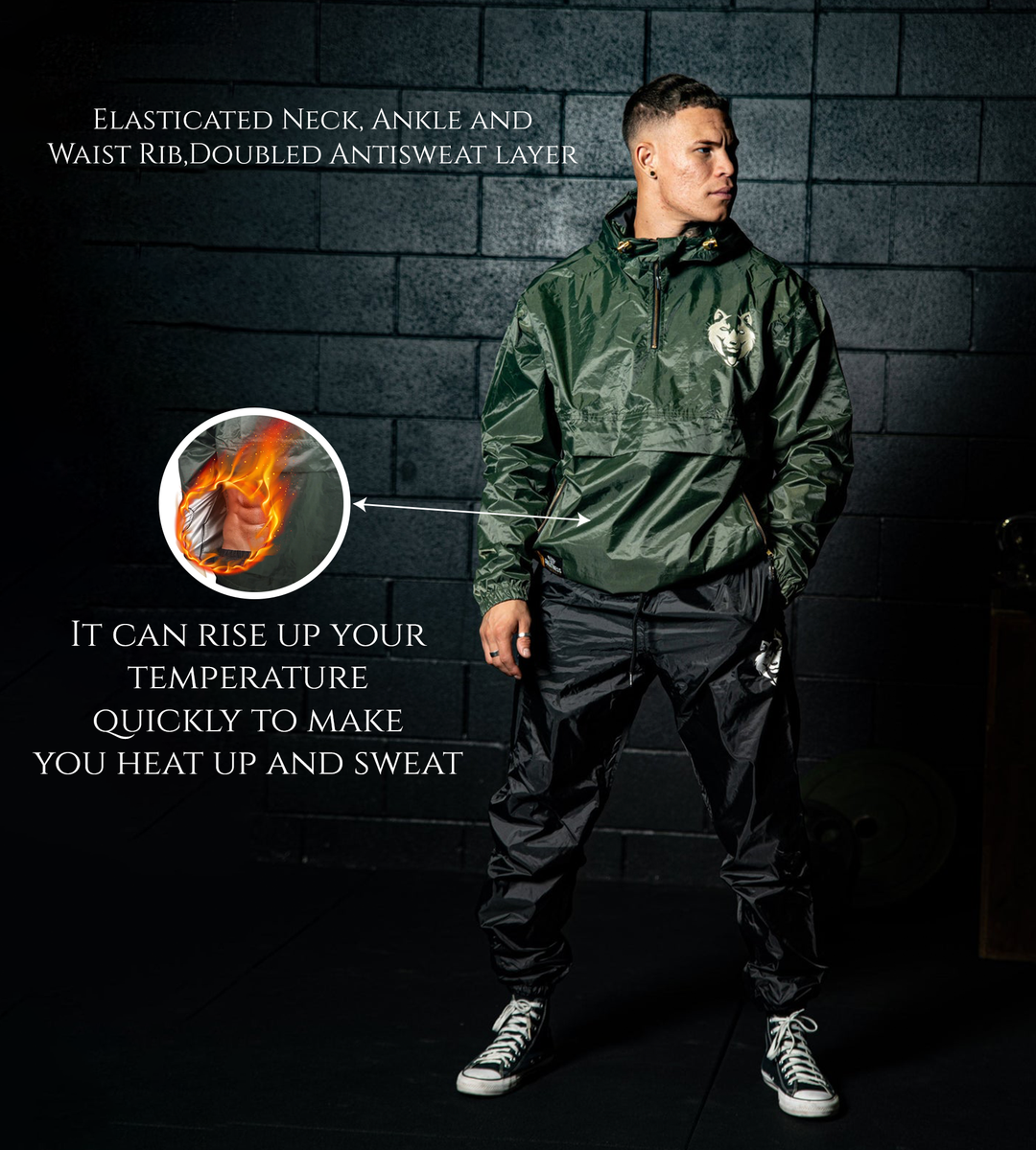 “Side profile of the Fitness Fox forest green sauna jacket demonstrating adjustable wrist straps and water-resistant outer fabric.”