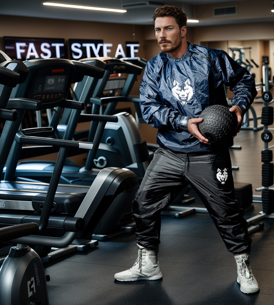 Side profile of the Navy/White sauna jacket showing durable anti-rip outer shell and adjustable wrist strap designed to retain heat while preserving comfortable mobility.