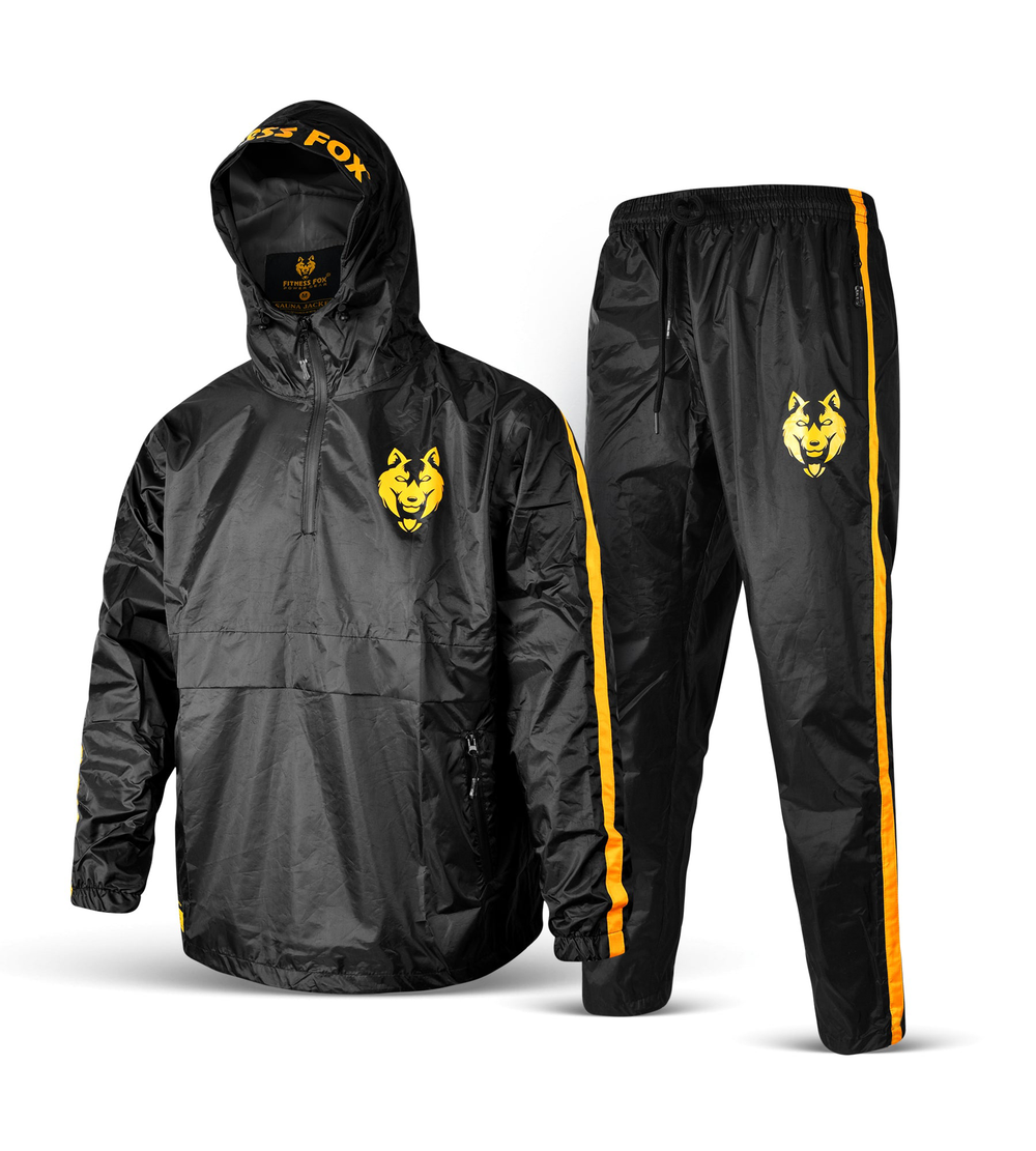 “Side view of Fitness Fox sauna pants in black/yellow highlighting adjustable ankle cuffs and water-resistant outer fabric for cardio sessions.”