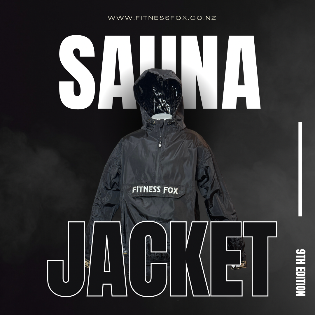 Size lineup graphic for Fitness Fox Sauna Jacket 9th Edition, showing availability from Small to 8XL, designed for unisex fit and inclusive training comfort.