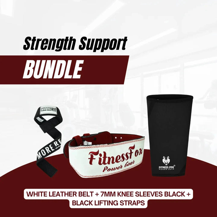 White Leather Belt + 7MM Knee Sleeves Black + Black lifting straps Bundle