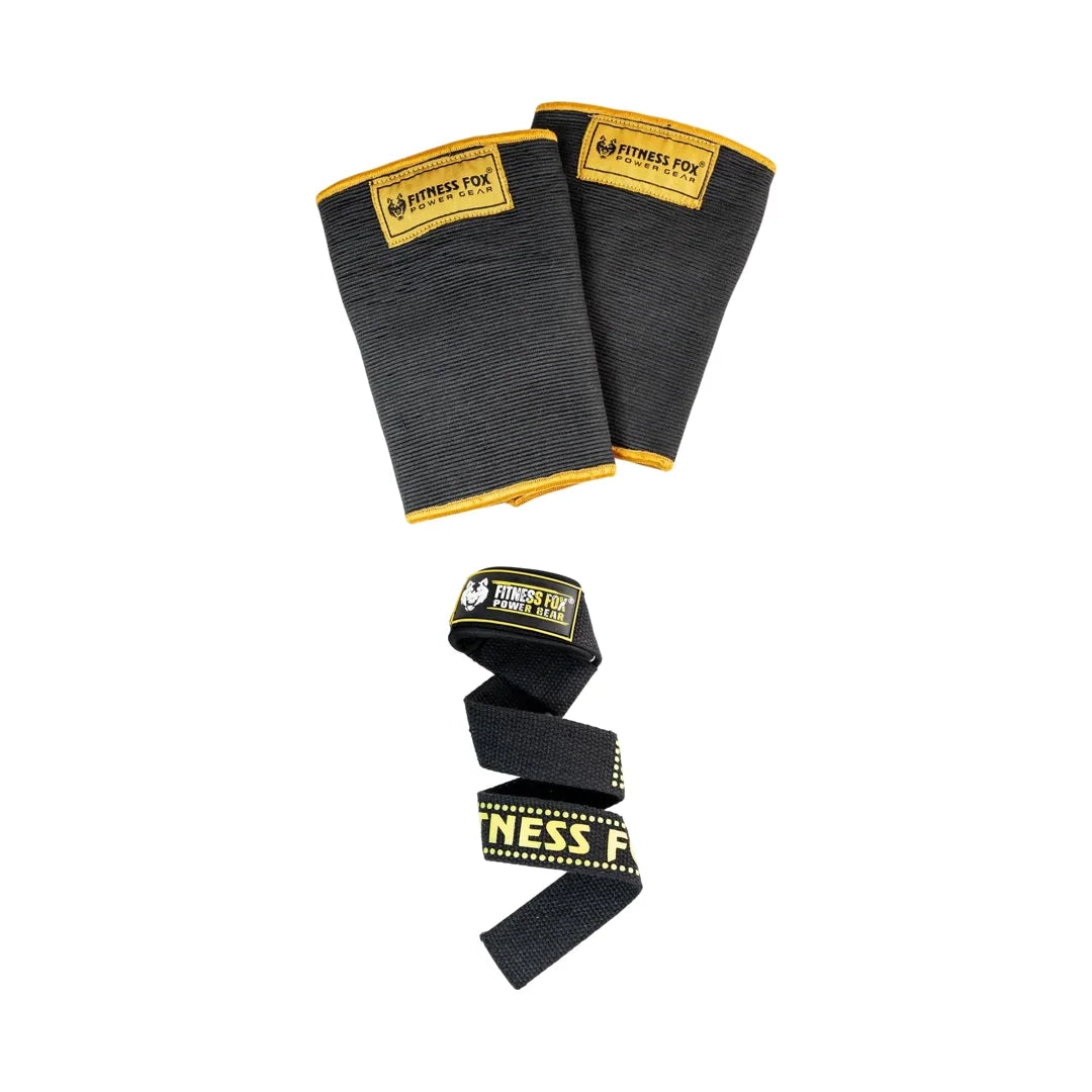 Black/Gold Knee Sleeves + Black Lifting Strap
