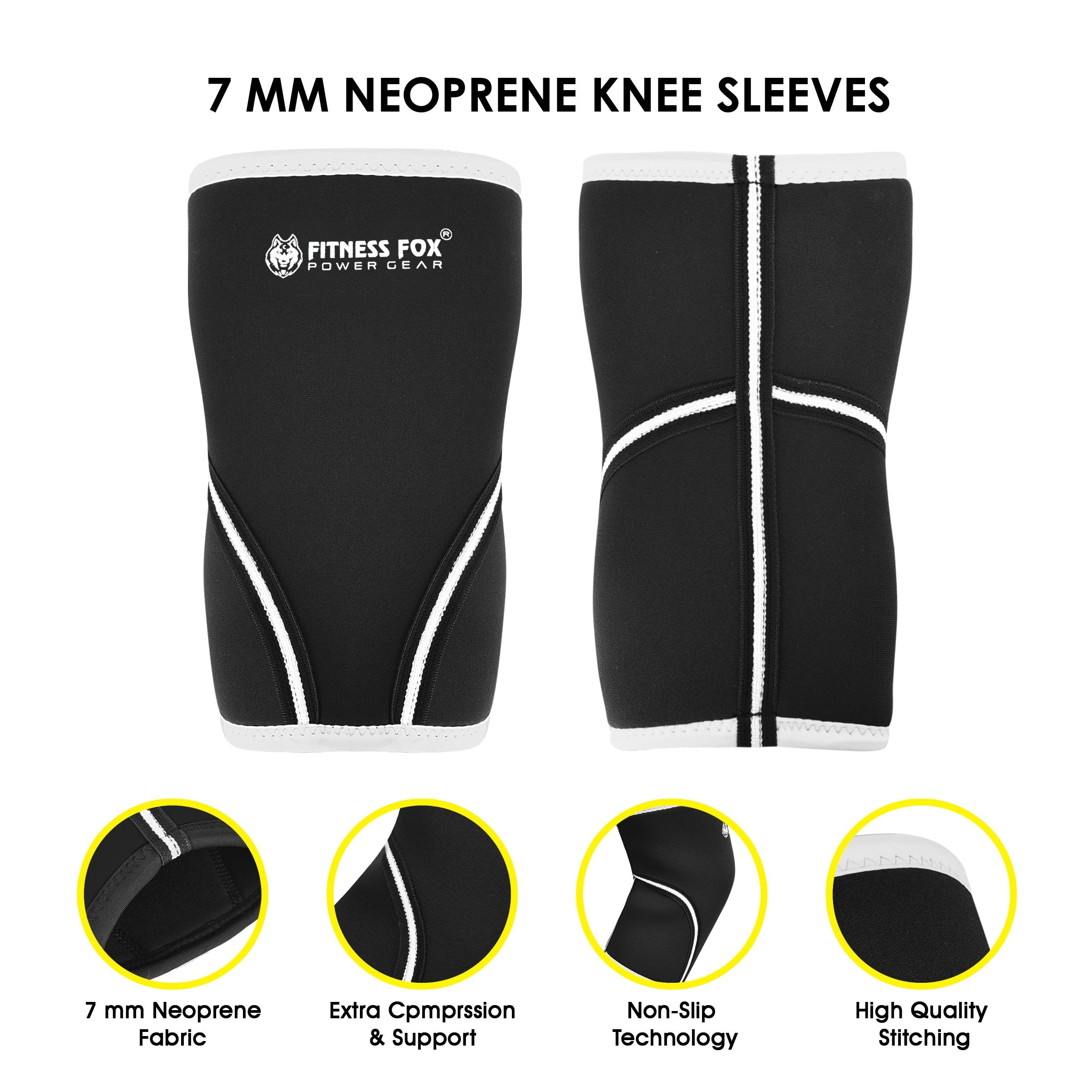 FITNESSFOX 7MM NEOPRENE Knee Sleeves Black/White