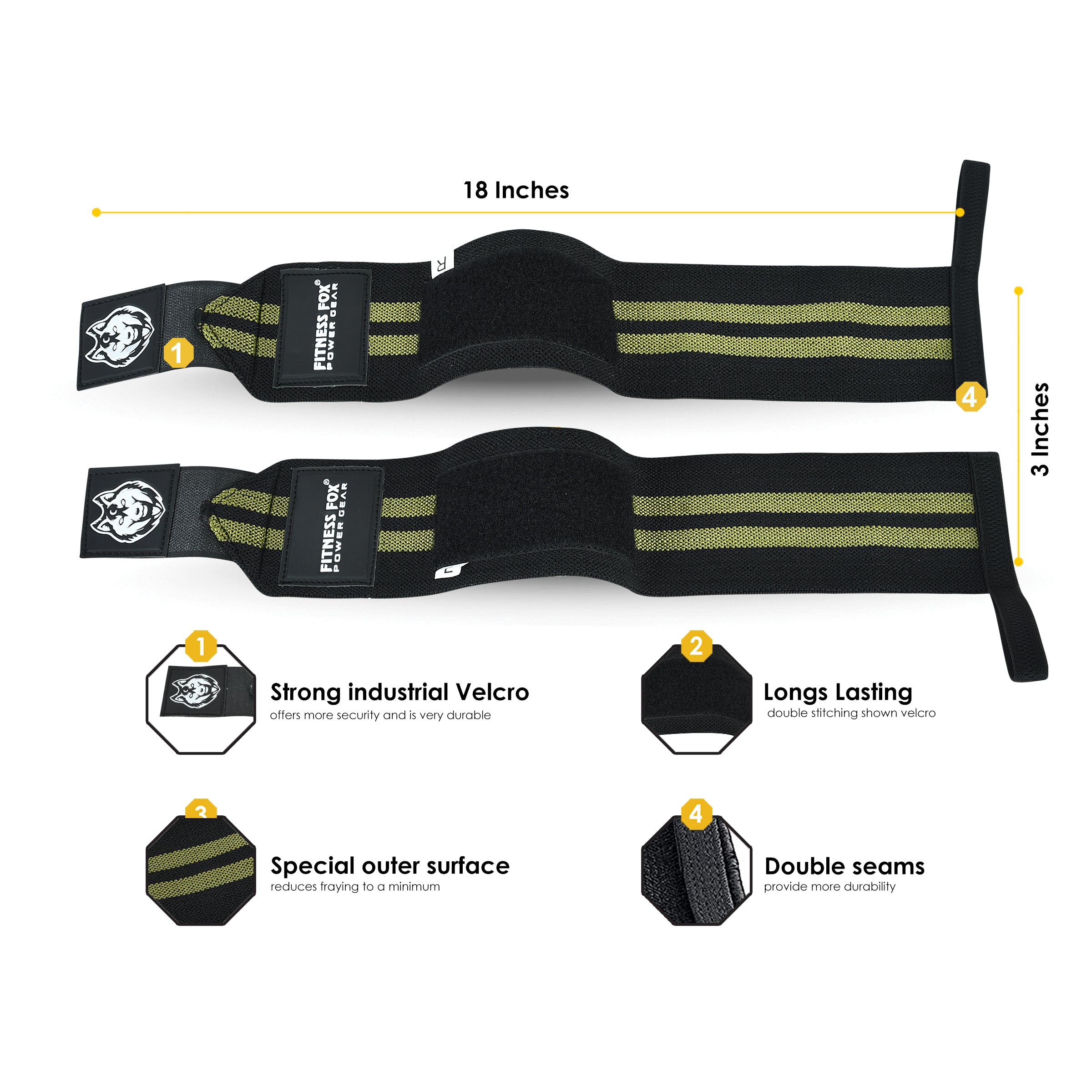 FITNESS FOX 18" Inch Olive Wrist Wraps(Pair) for Weightlifting