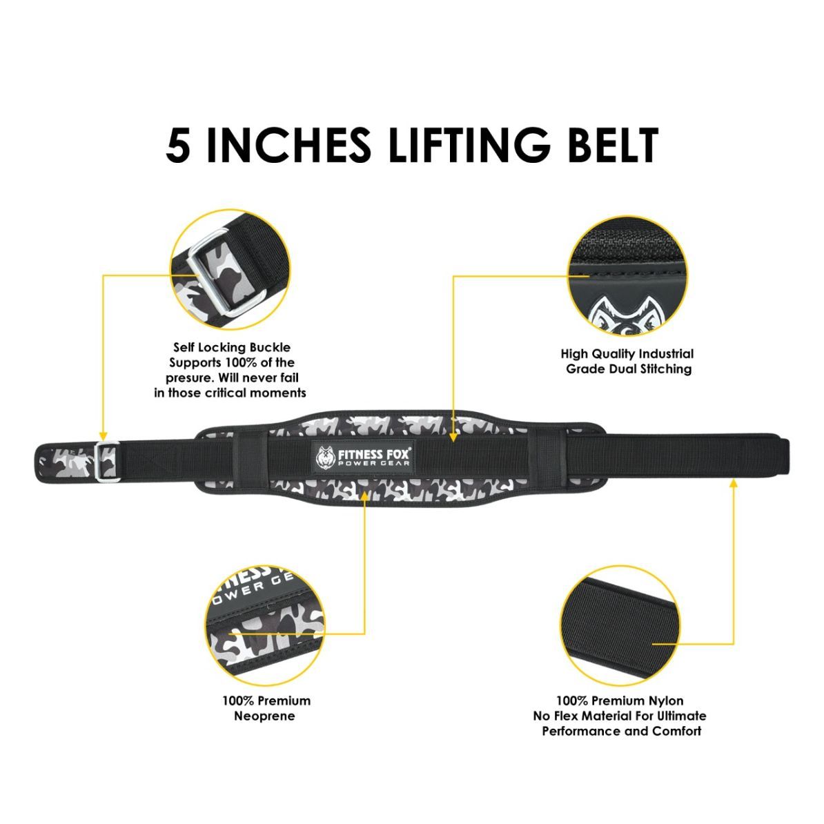 FITNESS FOX 5" Wide NEOPRENE Weightlifting Belt (Camo)-Double Back Support