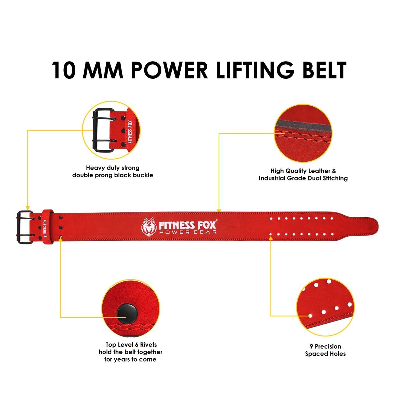 FITNESS FOX Single Prong 10MM Weightlifting-Powerlifting Belt (Red)