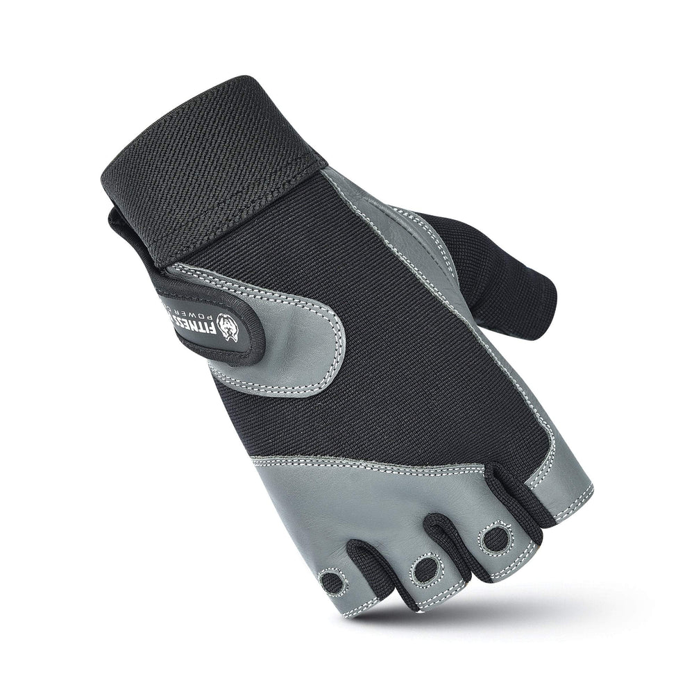“Angled side profile of grey Fitness Fox gym gloves highlighting breathable back panel and adjustable wrist closure for customized tightness during workouts.”