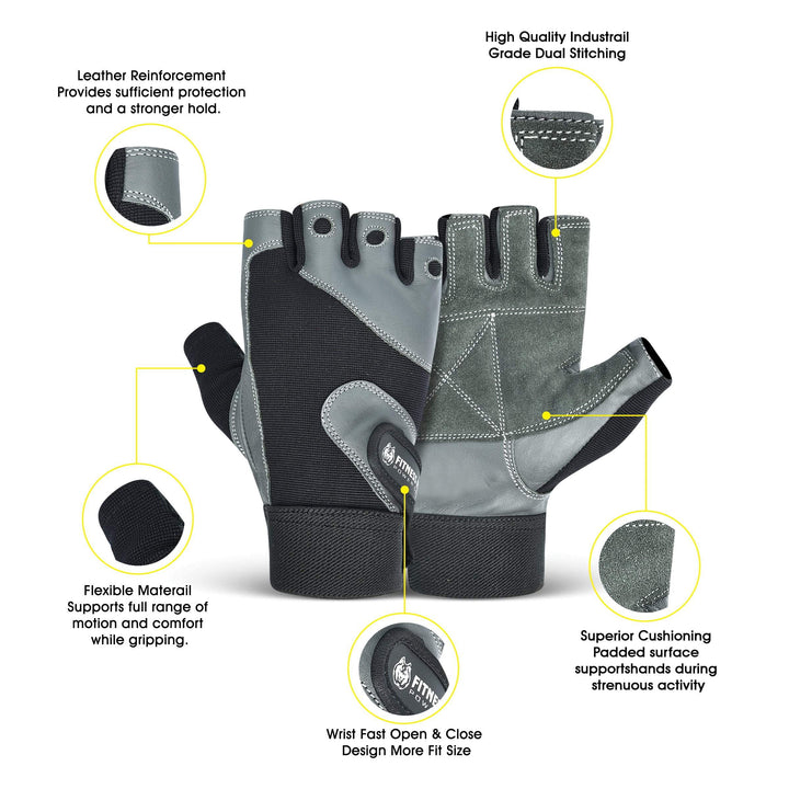 “Close-up of reinforced stitching and textured palm on Fitness Fox grey workout gloves engineered for durability and control on strength days.”