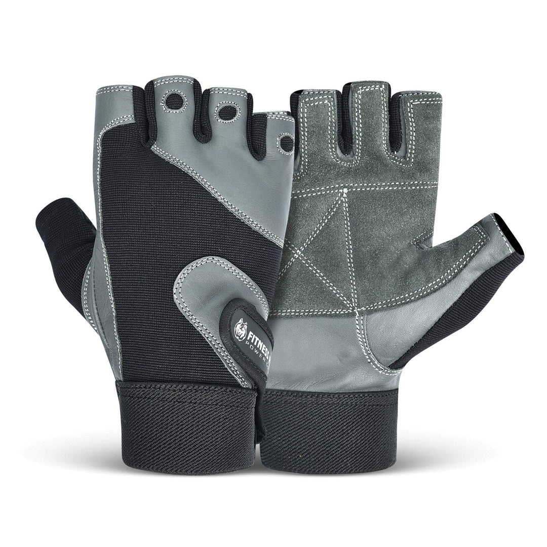 “Front view of Fitness Fox grey weightlifting gym gloves showing padded anti-slip palm designed for secure barbell and dumbbell grip in training.”